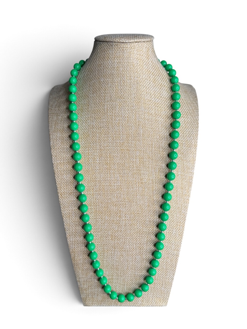 Vintage Silver-Tone Green Lucite Beaded Necklace 30' Long - Picture 3 of 10